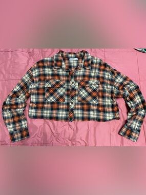 Arizona Jean Company Orange, Navy and Cream Plaid Button-Down crop flannel shirt